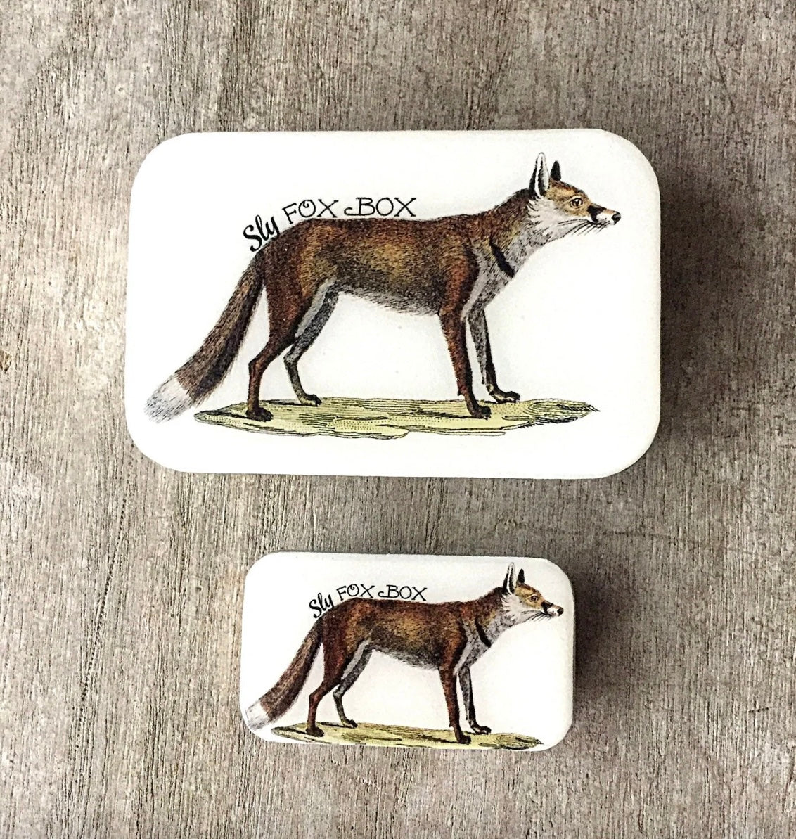 metal tin with fox artwork
