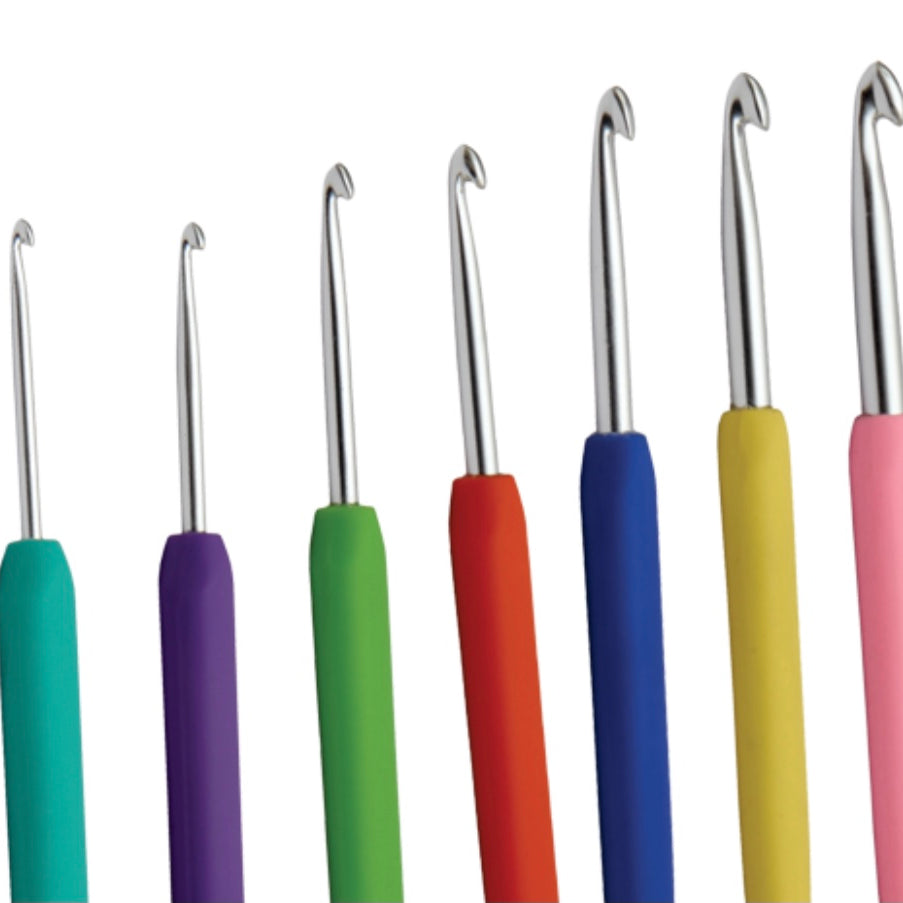 crochet hooks in different sizes and colors