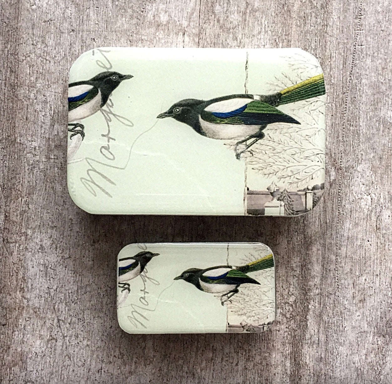 metal tin with magpie artwork