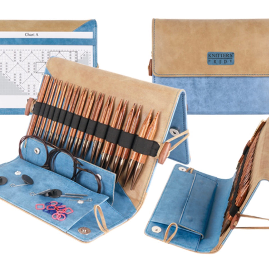 set of ginger knitting needles in blue case
