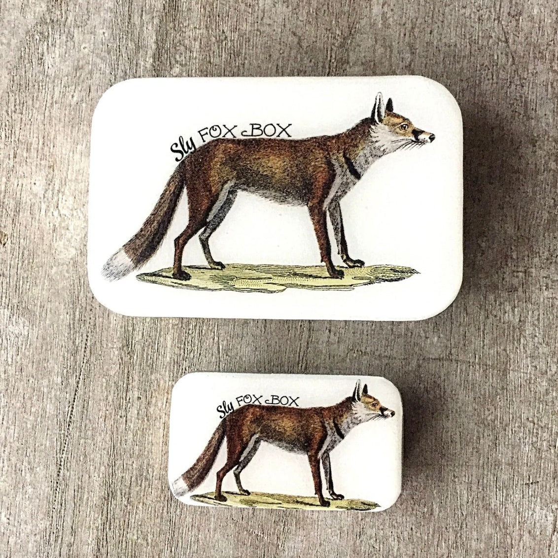 metal tin with fox artwork