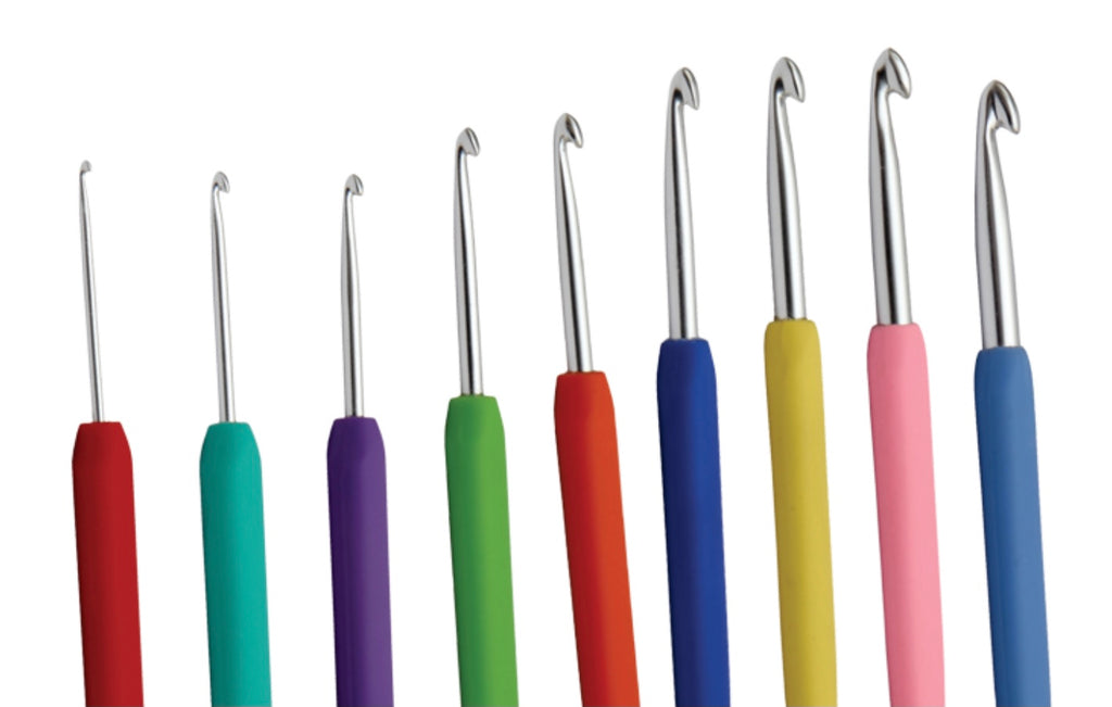 crochet hooks in different sizes and colors